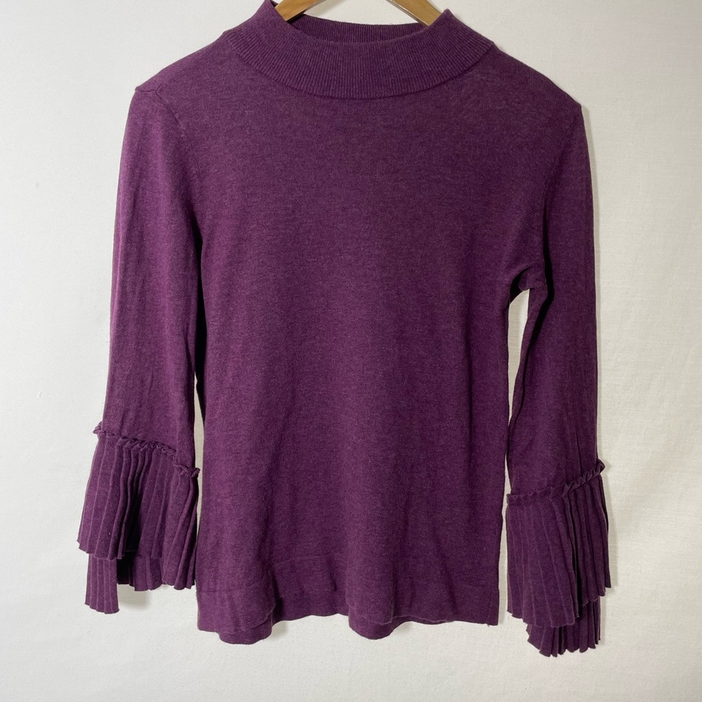 Plum Purple Long Sleeve Women’s Mock Neck Lightweight Sweater Pleated Cuffs XS